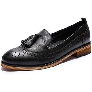 Mona Flying Penny Loafer Shoes Heeled Almond Toe Tassel Tie Leather Black 10.5